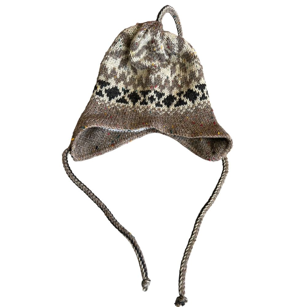 Patterned Vintage Wool knit hat with ear flaps oatmeal blue
